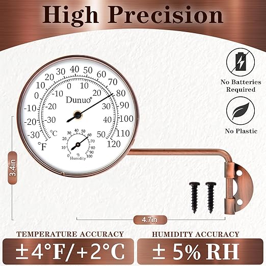 Outdoor Thermometer - Weatherproof & Decorative Outside Temperature Gauge for Window, Greenhouse Accessories and Patio (Easy-Read Brass Swivel Design) (4inch with Longer arm)