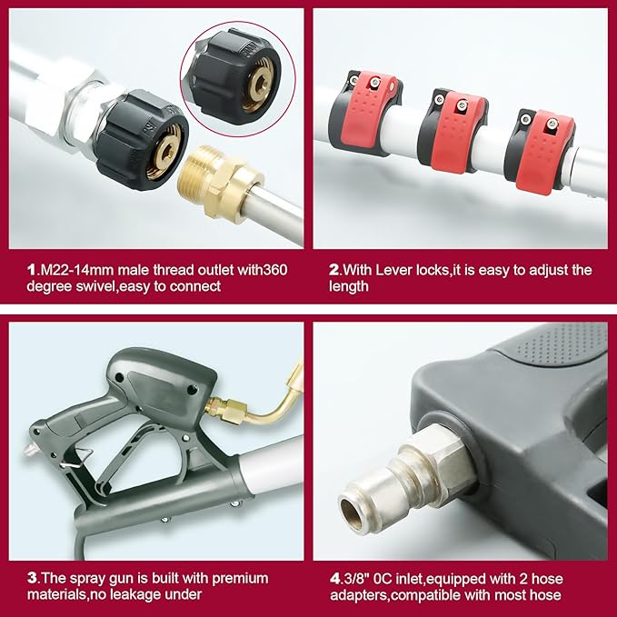 24 FT Telescoping Pressure Washer Wand with Pressure Washer Extension Wand,Brush Head,Gutter Cleaner Attachment and Support Belt,Pressure Washer Extension Pole for Wall Roof Gutter