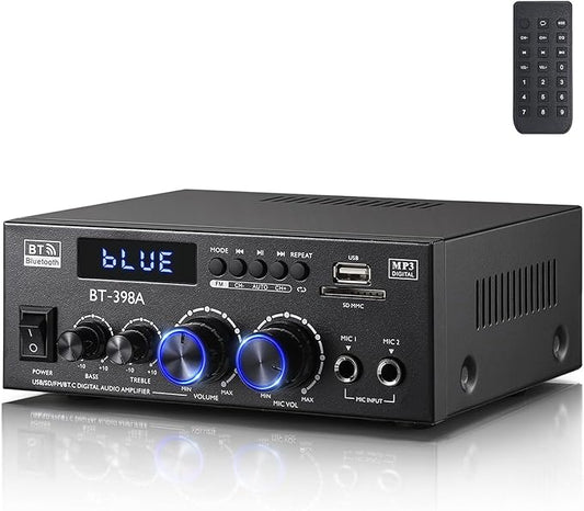 Facmogu BT-398A Stereo Digital Audio Amplifier, Max 450Wx2 HiFi Sound Audio Power Amplifier System, 2.0 Channel Receiver Amp for Home Theater Garage w/Fiber/Copper Jack, USB/SD/AUX/RCA/MIC in w/Echo