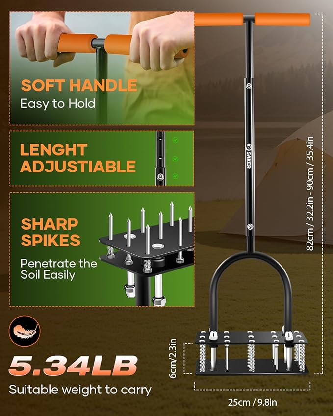 Saker Lawn Aerator Tool, Lawn Aerator with 15 Iron Spikes, Automatic Leaf and Dirt Cleaning with Spring-Loaded Design, Metal Manual Aerator for Loosening Soil Aerating Patio, Yard, Garden Orange