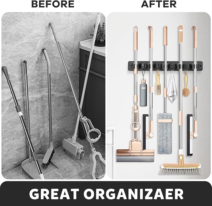 IMILLET Broom Holder Wall Mount, Wood Broom Holder with 5 Racks and 4 Hooks Broom Organizer, Laundry Room Organization and Storage, Mop Hanger for Home Organization, Garden, Garage, Closet (Black)