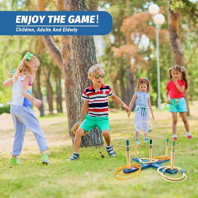 Wooden Ring Toss Game Set, Backyard Beach Camping Game with Toss Rings & Portable Carrying Bag, Outdoor Lawn & Yard Games for Kids, Adults & Family