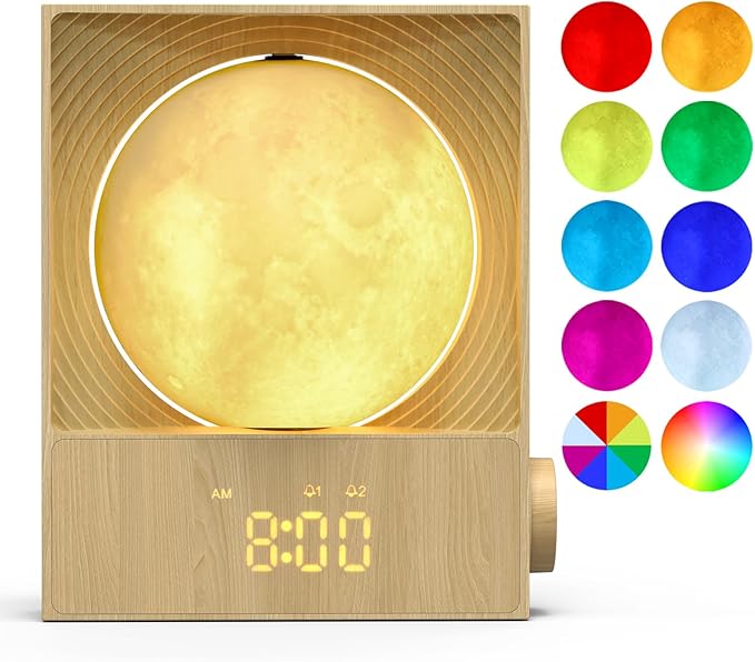 Sunrise Alarm Clock, 360-Degree Rotating Moonlight & 10 White Noise Sounds, Dual Alarm & Snooze for Heavy Sleeper, Timer, Wooden Bedroom Light Gift - Wood