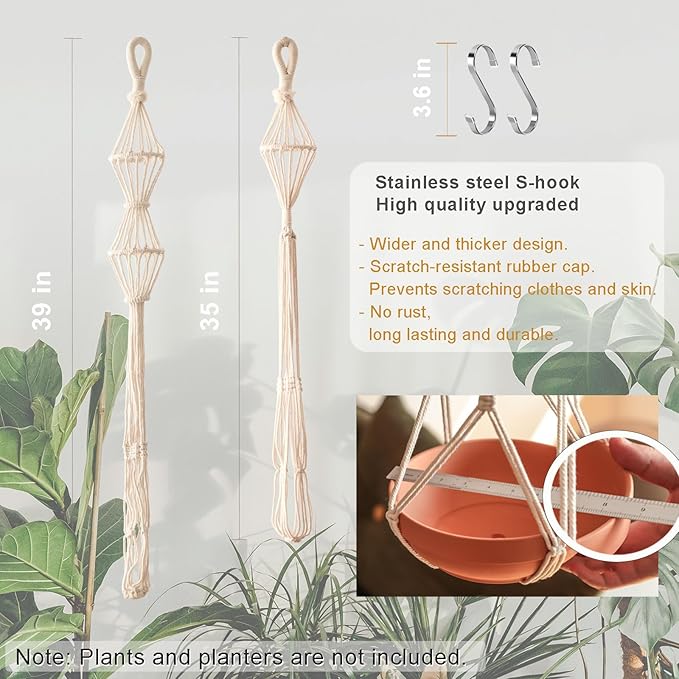 2Pcs Macrame Plant Hangers Indoor Macrame Hanging Planters Large for up to 10 inch Pot No Tassels Long Crochet Boho Plant Hanger Holder for Indoor Outdoor Plants Different Size 35”/39" (White)