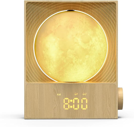 Sunrise Alarm Clock, 360-Degree Rotating Moonlight & 10 White Noise Sounds, Dual Alarm & Snooze for Heavy Sleeper, Timer, Wooden Bedroom Light Gift - Wood
