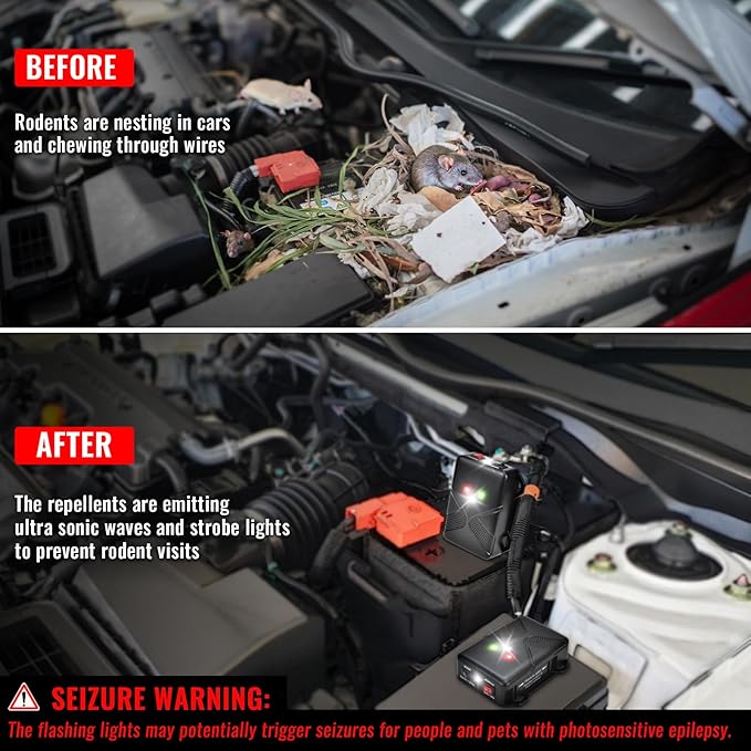 Ultrasonic Rodent Repellent for Car Engine – Battery Powered Under Hood Mouse Repeller with Flashing Strobe Light, Keeps Rats and Mice Away from Vehicle, Automobile, Truck, Garage, Attic, Barn, Shed