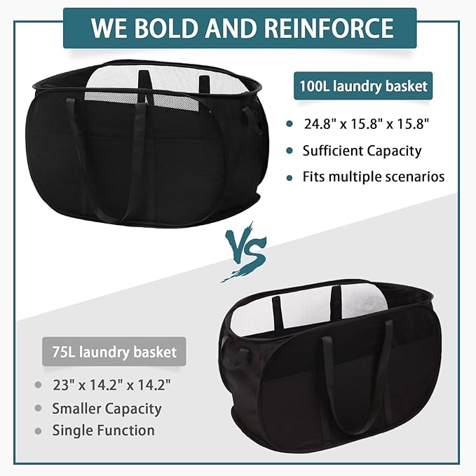 100L Collapsible Laundry Baskets, Tear Proof Pop Up Laundry Hamper with Dual Handles, Large Foldable Laundry Basket, Easy to Carry Laundry Hamper for Home, Laundry Room, Bedroom, Dorm, Travel Black