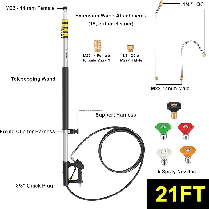 21FT Telescoping Pressure Washer Wand, Pressure Washer Extension Wands, Power Washer Gutter Cleaner with 5 Spray Nozzle Tips, 2 Hose Adapters
