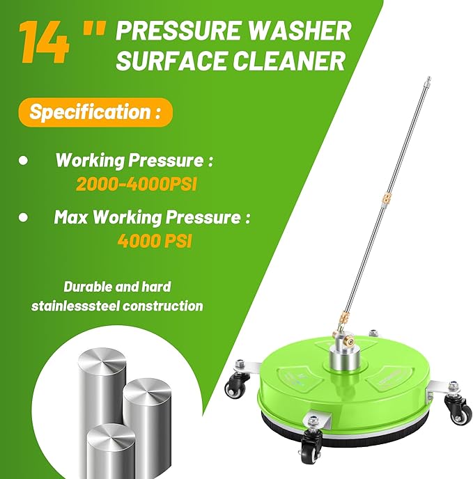 14" Pressure Washer Surface Cleaner with 4 Wheels - Coated Green Stainless Steel Surface Cleaner for Pressure Washer Attachment for Concrete, Patio, Sidewalk, Deck and Driveways - PWS14G