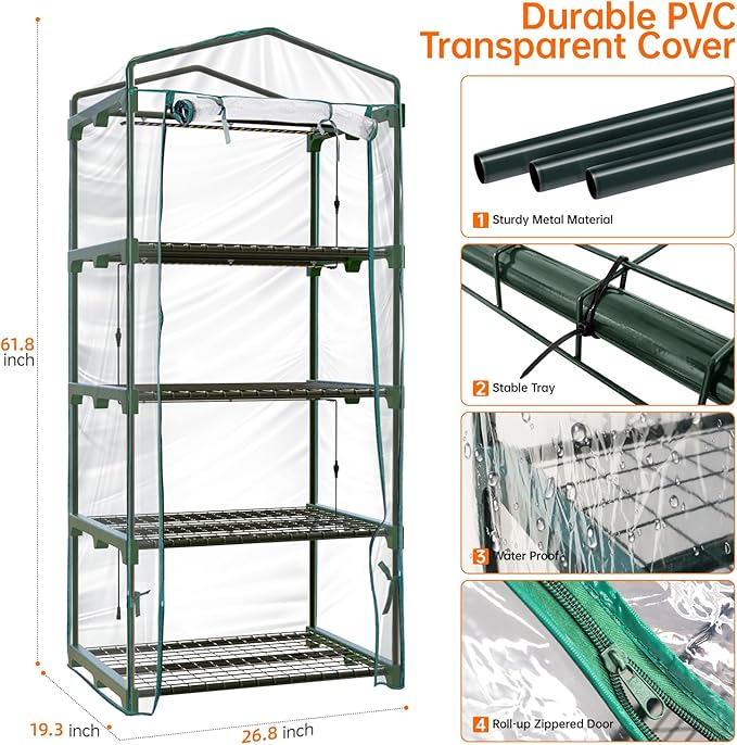 Indoor Greenhouse with Grow Lights, 4 Tier 27.2" L×19.9" W×61.8" H Mini Greenhouse with Zippered PVC Cover for Seed Starting Trays, Dimmable 2FT 60W Plant Light for Indoor Plants with Timer