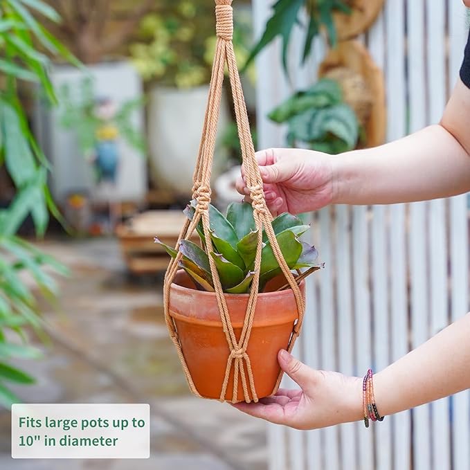2Pcs Macrame Plant Hangers Indoor Macrame Hanging Planters Large for up to 10 inch Pot No Tassels Long Crochet Boho Plant Hanger Holder for Indoor Outdoor Plants Different Size 35”/39" (Caramel)