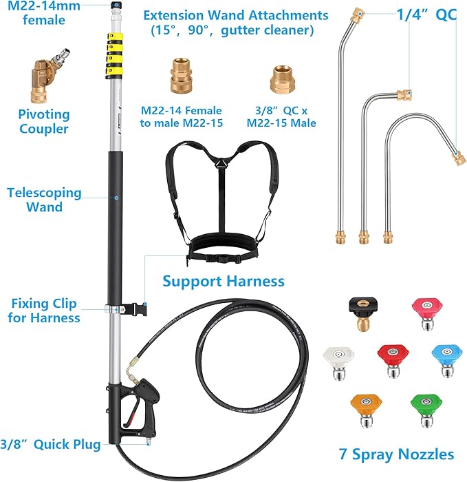 24 FT Telescoping Pressure Washer Wand Extension, Aluminum Power Washer Extension Wand with 7 Nozzle Tips, 3 Adapters & Support Harness, Gutter Cleaning Tools for 2 Story House