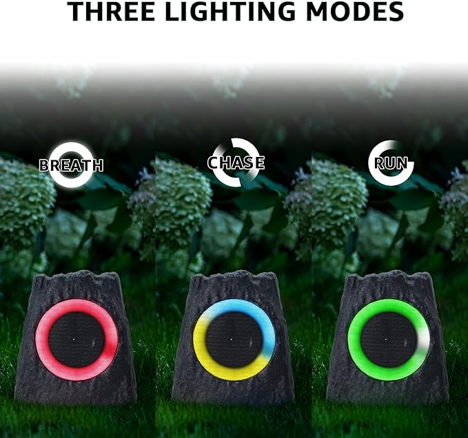 2-Pack Rock Speakers Outdoor Water-Resistant Solar Powered Patio Speaker with 3 Mode Lights and Pair System and USB Rechargeable for Pool Outside Garden Yard Deck