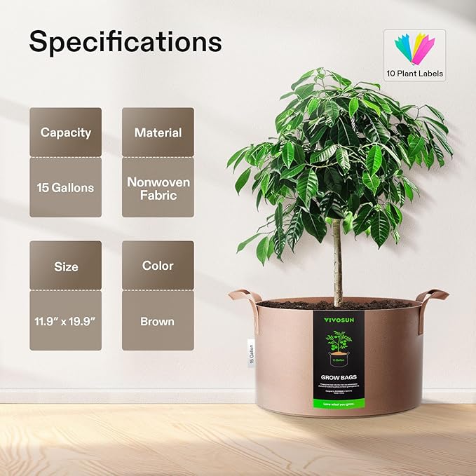 VIVOSUN 5-Pack 15 Gallons Grow Bags Heavy Duty Thickened Nonwoven Fabric Pots with Strap Handles Tan