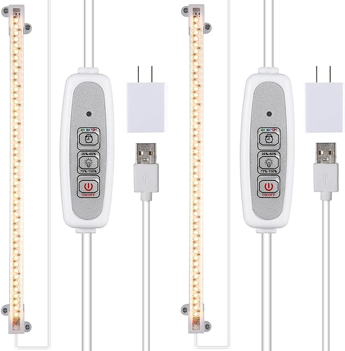 One Strip Growing lamp 2-Pack, Full Spectrum LED Grow Light Strips for Indoor Plants with Auto ON/Off Timer & 4 Dimmable Levels for Green House Hydroponics Succulent (One Head 2 Pack)