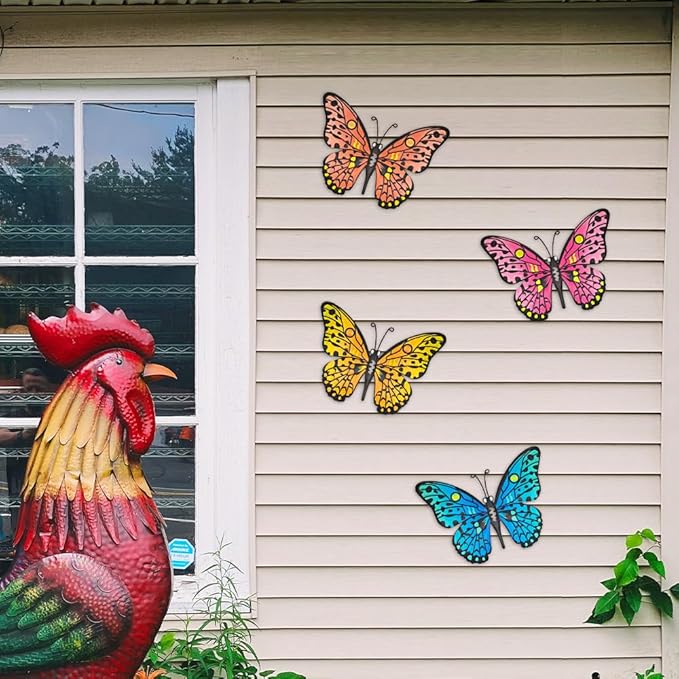 Metal Butterfly Wall Decor - 9.6" Outdoor Fence Wall Art Decor, Hanging Decoration for Garden Yard Living Room Bedroom Patio Balcony(4 Pack)
