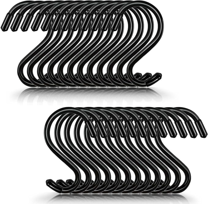 24 Pack 3 Inch S Hooks for Hanging Plants, Small Heavy Duty Vinyl Coated Non-Slip Black Hooks, Pot Rack Closet Hooks for Clothes, Kitchen Utensils, Pots, Pans, Bags