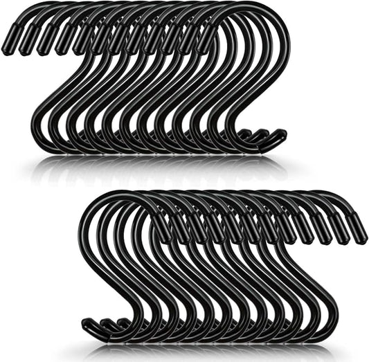 24 Pack 3 Inch S Hooks for Hanging Plants, Small Heavy Duty Vinyl Coated Non-Slip Black Hooks, Pot Rack Closet Hooks for Clothes, Kitchen Utensils, Pots, Pans, Bags