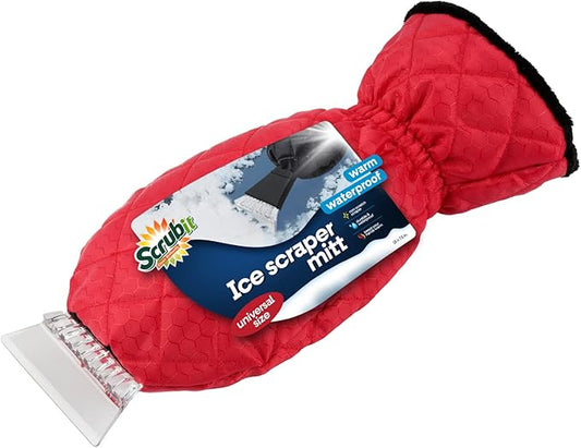 SCRUBIT Ice Scraper with Glove - Car Windshield Scraper for Ice and Snow w/Fleece Mitt - Quickly Scrape and Remove Snow While Staying Warm - Waterproof & Windproof - Car Scraper Snow Brush (Red)