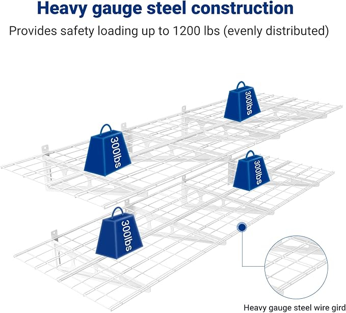 FLEXIMOUNTS 2-Pack 2x6ft Garage Shelving with Hooks 24-inch-by-72-inch Wall Shelf Garage Storage Rack Floating Shelves, White