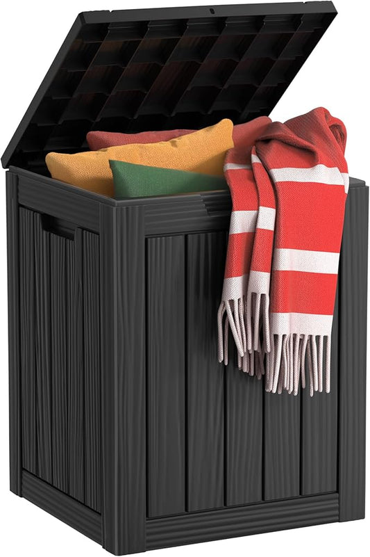 28 Gallon Outdoor Storage Box, Resin Waterproof UV-Resistant Deck Box, Reinforced Stability for Patio, Garden, and Poolside, Striped Black