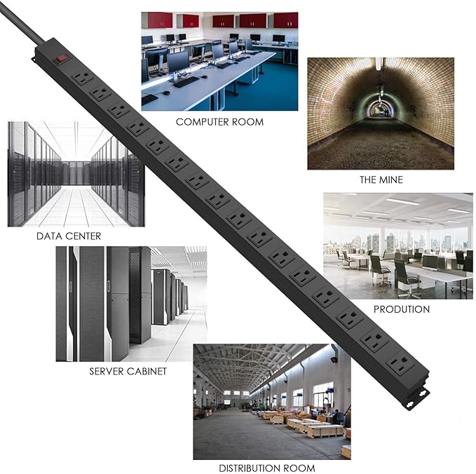 Metal Wall Mount Power Strip, Mountable Power Outlet, Aluminum Alloy Mount Power Socket with Switch, 6 FT SJT 3/C 14AWG Power Cord, 15A 125V 1875W (16 Outlet)