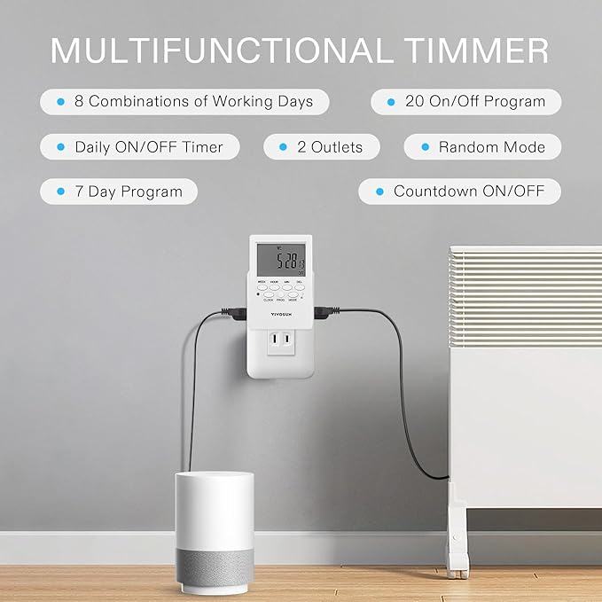 VIVOSUN 7 Day Programmable Digital Timer with Dual Outlet, 20 On/Off UL Listed Heavy Duty Plug-in Outlet Timer with Countdown Setting, Indoor for Lamp, Fan, Heater, Humidifiers, Aquarium (2 Pack)