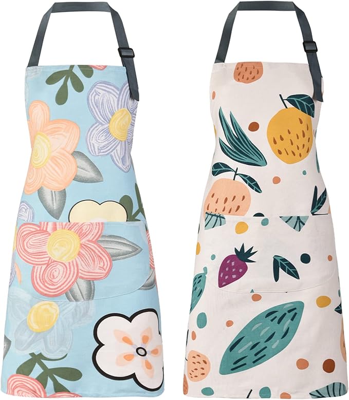 2 Pack Floral Apron for Women with Pockets, Adjustable Cotton Chef Aprons for Kitchen, Cooking, BBQ & Grill