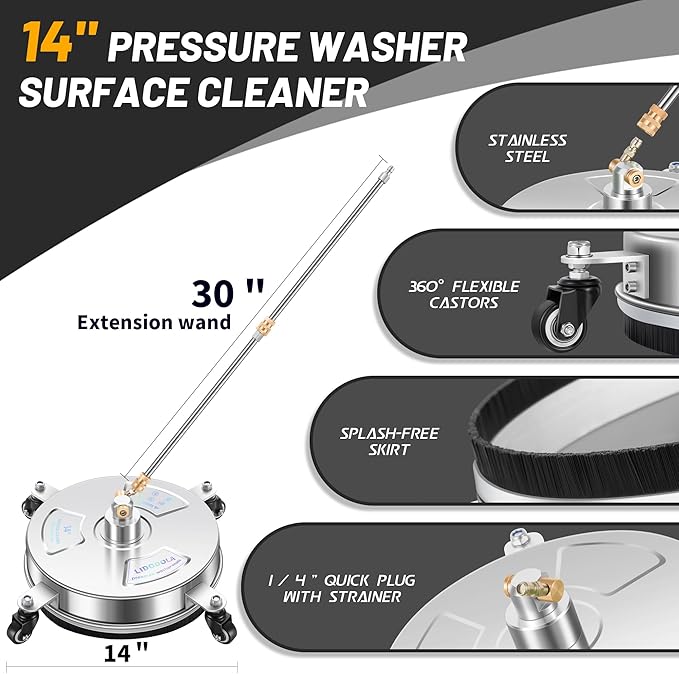 14" Pressure Washer Surface Cleaner with 4 Wheels - Stainless Steel Surface Cleaner for Pressure Washer Attachment for Concrete, Patio, Sidewalk, Deck and Driveways - PWS14