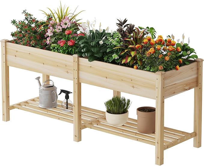 Wooden Raised Garden Bed ，Planter Box with Legs, Wooden Planter -Grow Herbs and Vegetables Outdoors – Naturally Rot-Resistant - Unmatched Strength Lasts Years (Natural-L)