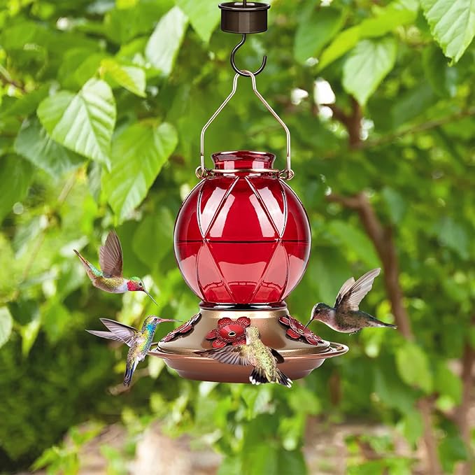 BOLITE Hummingbird Feeder, Glass Hummingbird Feeder for Outdoors, Meshy Texture Ball Shape Bottle, 20 Ounces, Red, Birthday Gifts for Women Men, Gifts for Mom Dad