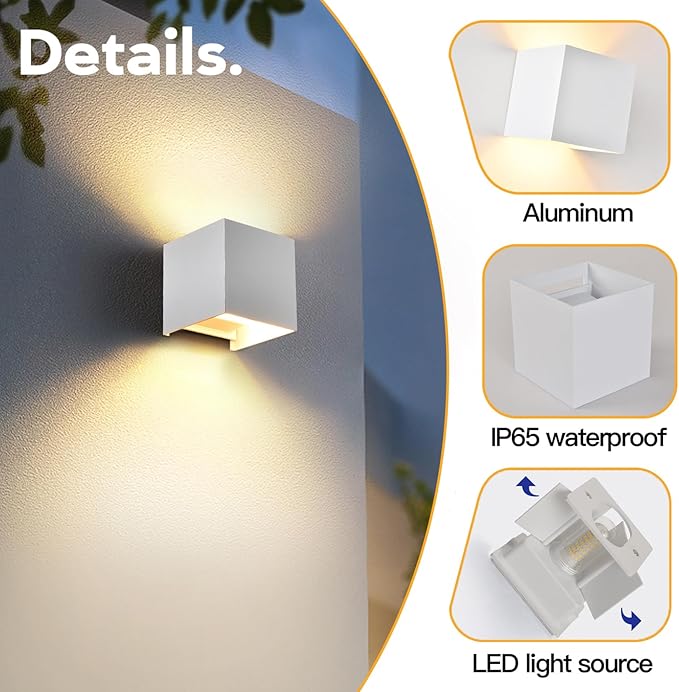 2 Pack Outdoor Wall Lights Exterior/Interior Wall Sconces Up and Down Lights IP65 Waterproof G9 Base Socket Modern Outdoor Lighting Square Aluminum White 3000K Warm Lights, Adjustable Light Angle
