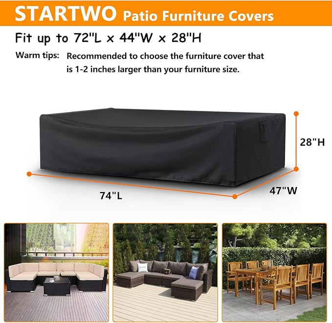 STARTWO Patio Furniture Covers Waterprpoof, Tear Resistant Rectangular Outdoor Furniture Set Cover for Table and Chairs, Outdoor Sectional Sofa Cover, 74"L x 47"W x 28"H