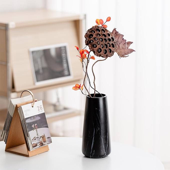 Marble Black Vase - 8" Big Black Ceramic vase for Flower, Simple Vases for Pampas Grass, Minimalist Farmhouse Boho vases for Centerpieces, Home Decor, Bathroom Decor
