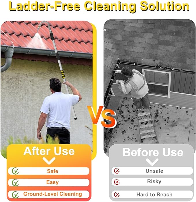 24FT Reach Gutter Cleaning Tools from Ground, Telescopic Rain Gutter Cleaners Tool with Quick Connect Adapter and Heavy Duty Wand for 2nd Story House