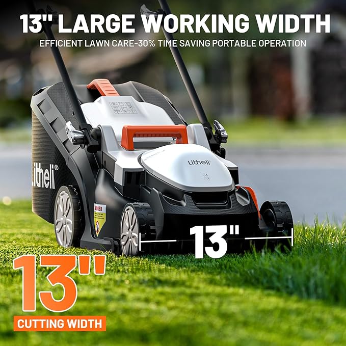 Litheli Electric Lawn Mower Cordless,Grass Cutter Machine for 1300 Sq.Ft.Lawnmower with Motor,13.2 in Cutting Width,8 Gallon Capacity,Cutting Height from 1 to 2.5 in with 4.0A Battery
