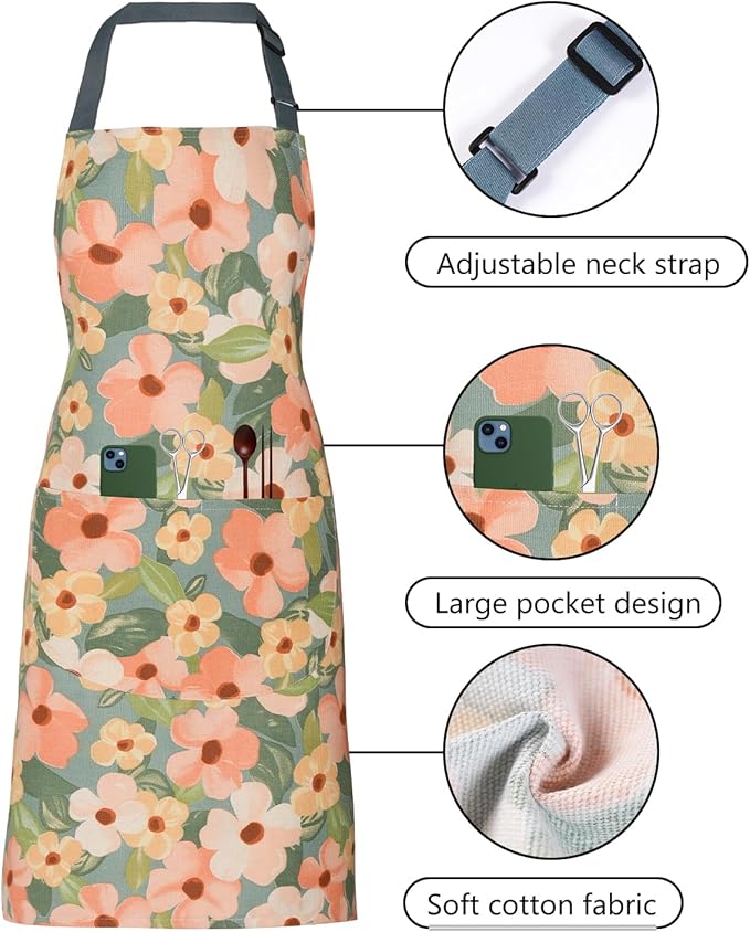 2 Pack Floral Apron for Women with Pockets, Adjustable Cotton Chef Aprons for Kitchen, Cooking, BBQ & Grill