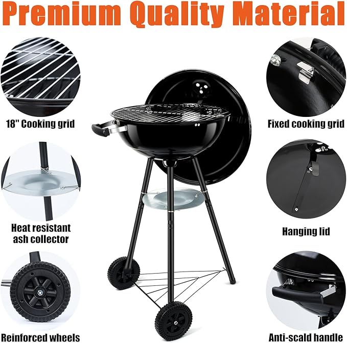 18 Inch Kettle Charcoal Grill, Leonyo Outdoor Barbecue Kettle Grill, Portable Round Smoker with Wheels, Porcelain-Enameled Lid & Fire Bowl, Perfect for Camping/Backyard/Tabletop Cooking/BBQ Party