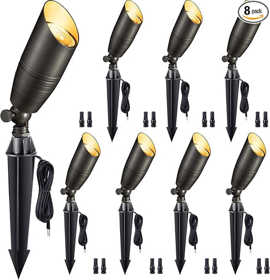 Spot Light Brass - Outdoor Landscape Spotlights LED, 12V Low Voltage Landscaping Uplights Bright, Hard-Wired All Weather Bronze for Backyard Lawn with No Bulbs (8 Pack)