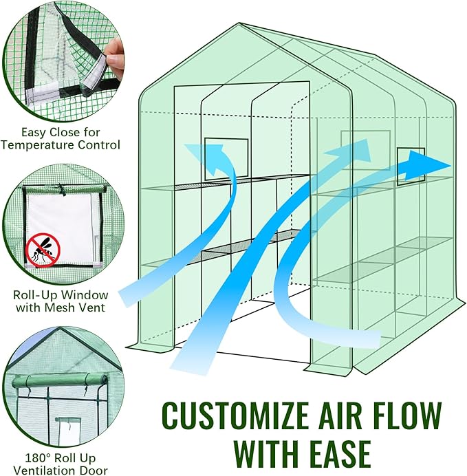 Greengro Greenhouse, 57 x 85 x 76'' Greenhouses for Outdoors, Portable Greenhouse Kit with Mesh Side Windows, PE Cover, 8 Shelves, Heavy Duty Walk in Green House for Backyard Garden Indoor Outside