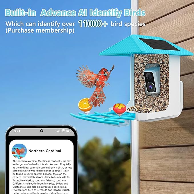 2.5K Smart Bird Feeder with Camera, 5GHz &2.4GHz Birds Watching Camera with AI Identify Bird Species, Outdoor Birds Feeder House with Solar Panel for BirdLovers (Blue)
