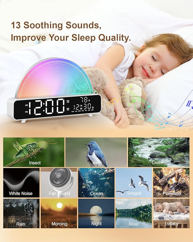Sunrise Alarm Clock Wake Up Light with Sunrise Simulation White Noise Machine Touch Control Bedside Lamps Colors Atmosphere Lamp 30/60/90 Sleep Timer 13 Nature Sounds