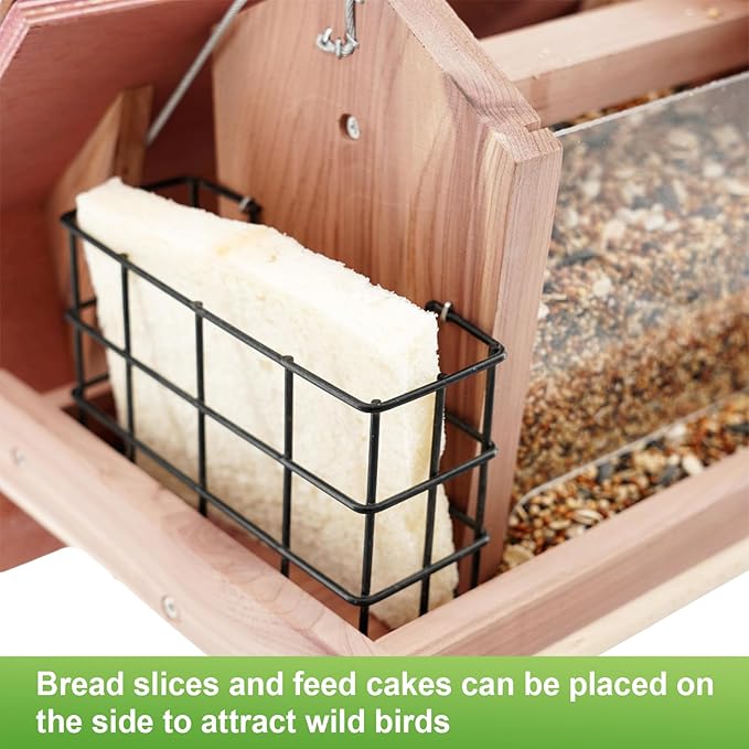 Wooden Bird Feeder for Outdoors Hanging Mount Large Capacity, Red Cedar Garden Roof Feeder with 2 Suet Cages, Cardinal Bluebird Birdfeeder for Garden Decoration Yard, Weatherproof Durable