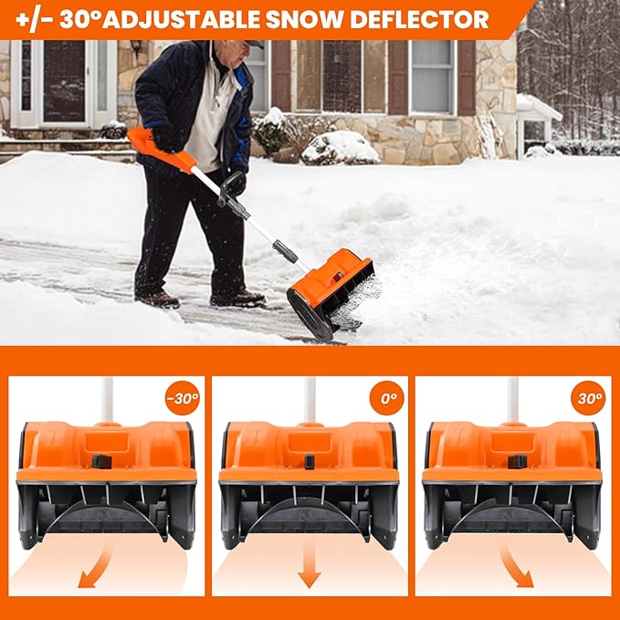 13" Cordless Snow Shovel, 2x 48V 600W Motor 4-Ah Battery Powered Snow Blower 8" Depth Electric Snow Shovel with Directional Plate Adjustable Front Handle (4-Ah Battery & Quick Charger Included) Orange