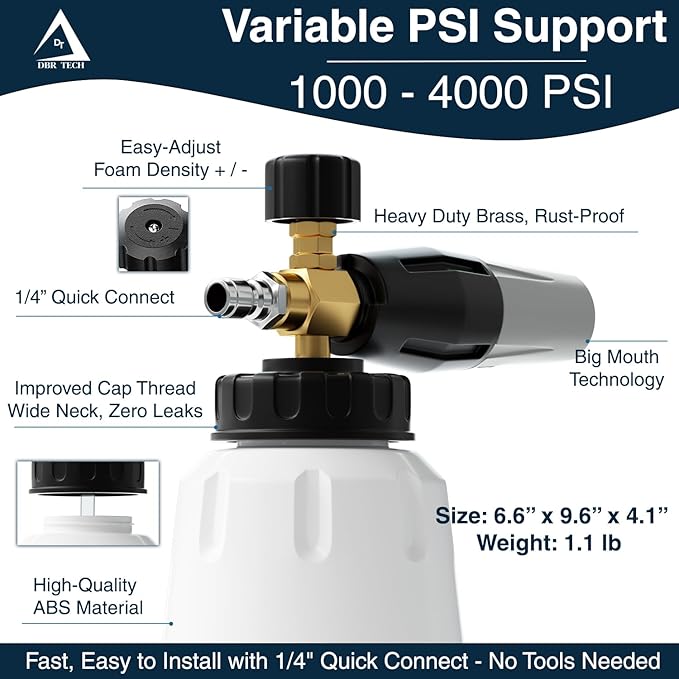 Foam Cannon for Pressure Washer, 1.1mm Orifice, 1000-4000 PSI, 1/4 Inch Quick Connector, Wide Neck and Adjustable Spray, Heavy Duty Car Snow Foam Blaster for Superior Foaming & Deep Clean, Grey