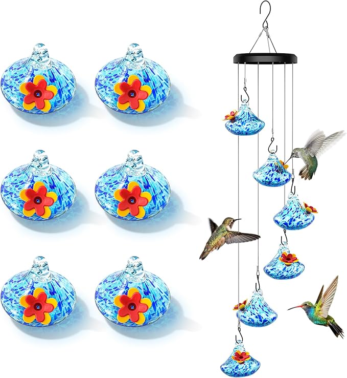 Wind Chimes Hummingbird Feeders, Hummingbird Feeders for Outdoors with 6 Glass Balls, Leak-Free, Perfect Garden Decor for Window Garden Patio, Ideal Gift, Blue