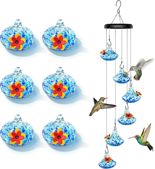 Wind Chimes Hummingbird Feeders, Hummingbird Feeders for Outdoors with 6 Glass Balls, Leak-Free, Perfect Garden Decor for Window Garden Patio, Ideal Gift, Blue