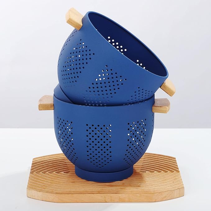 Metal Colander with Wood Handle, 5.5 Quart Powder Coated Steel Large Kitchen Strainer Stable Base,(Deep Blue, 11.26inch)