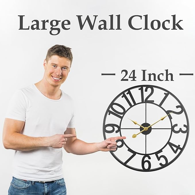 Large Outdoor Clock, Patio Decorative Wall Clock Silent Non Ticking Battery Operated, 24 Inch Modern Black Metal Clock for Pool Area, Living Room, Farmhouse, Kitchen