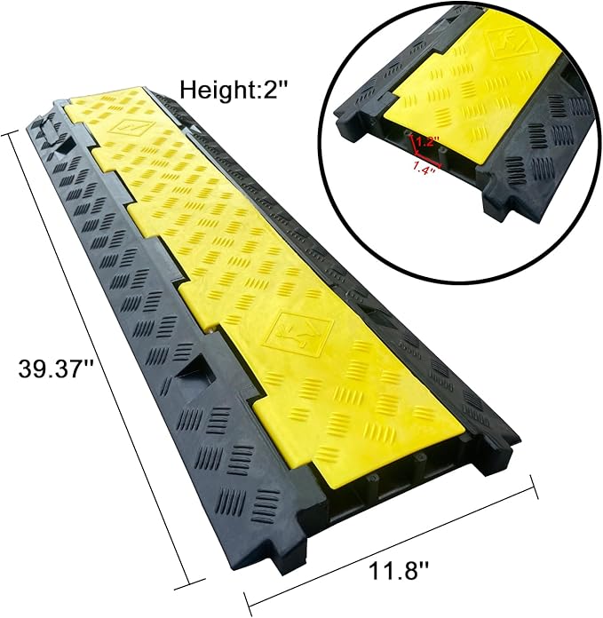 2 Pack Rubber Cable Ramp Hose Cable Protector Ramp 3 Channel 22000Lbs Load Capacity Traffic Speed Bump Wires Power Lines Extension Cord Cover for Indoor Outdoor